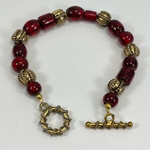 Stunning Gold Tone Toggle Clasp Red Murano Foil Glass Beaded Bracelet Heavy